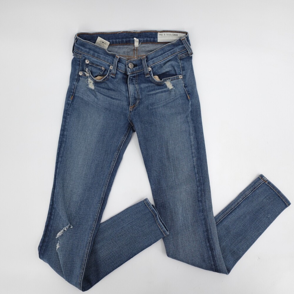 Rag & Bone Jeans Womens 26 Blue Skinny Low Rise Medium Wash Distressed Ripped